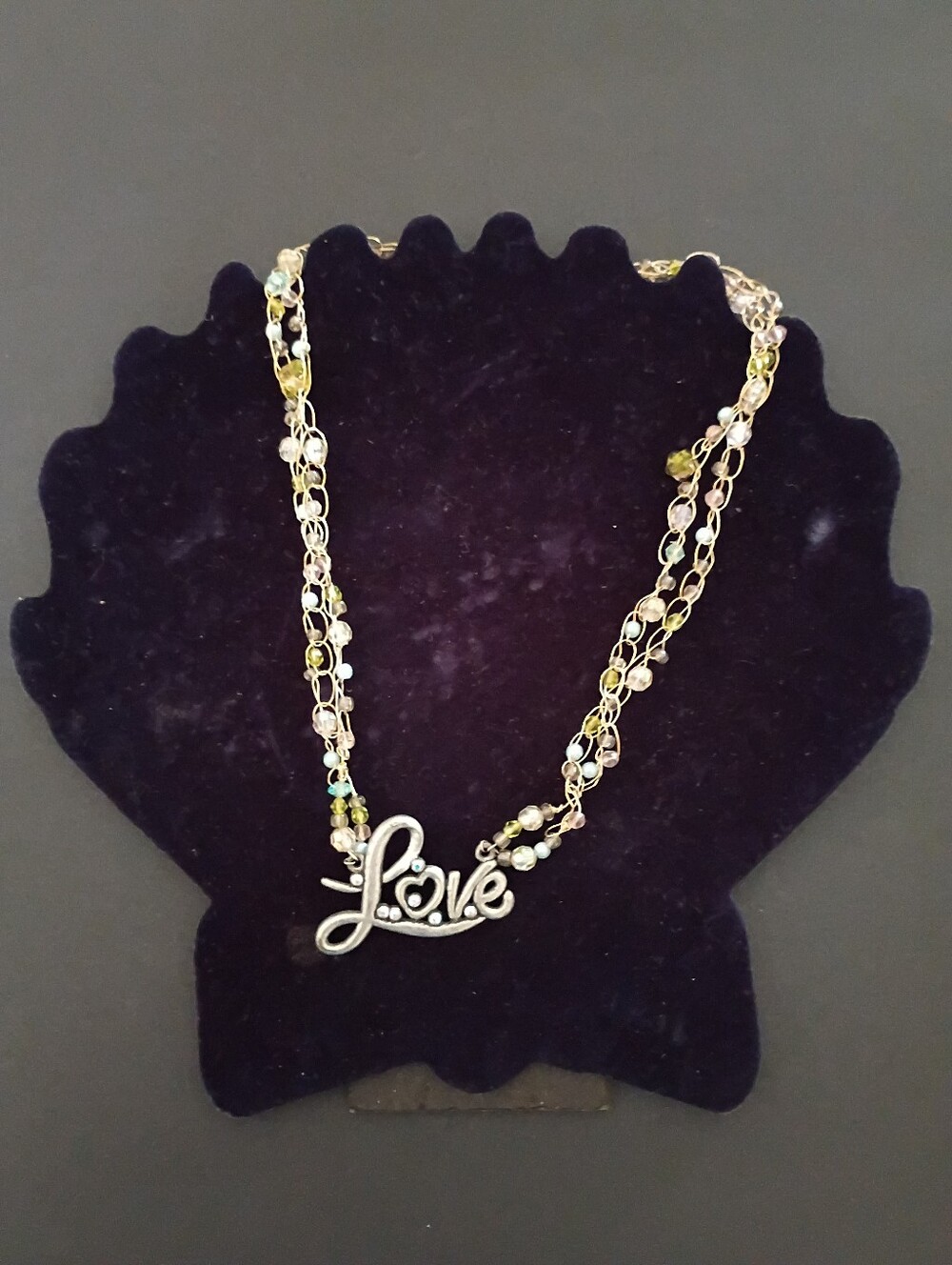 'Love' Script Necklace with Green and Gold Beaded Chain